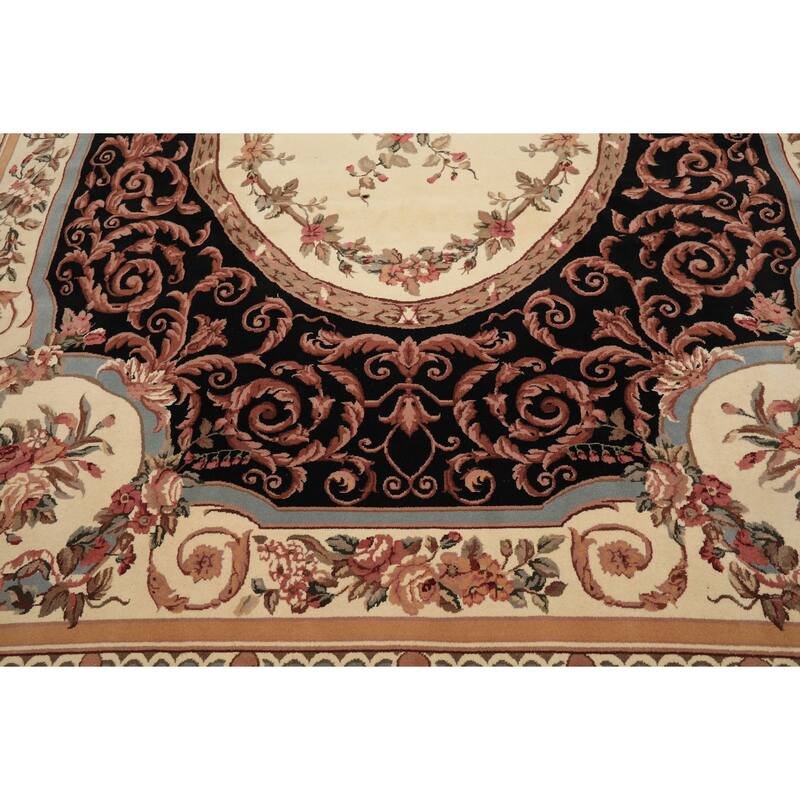 8'11''x11'11'' Hand Knotted Wool Ivory Aubusson Savonnerrie Floral Botanical Rug - 8' 11'' x 11' 11''