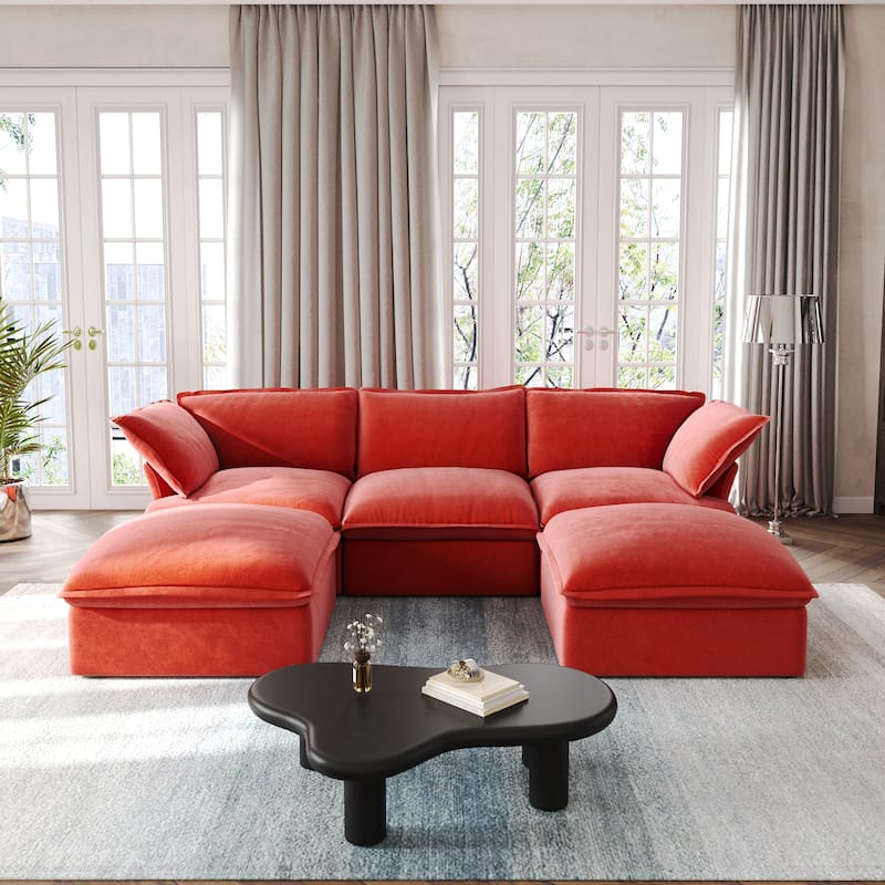 U Shape Couch Sectional for Living Room, Velvet Convertible Sectional Sofa With Ottomans - Red