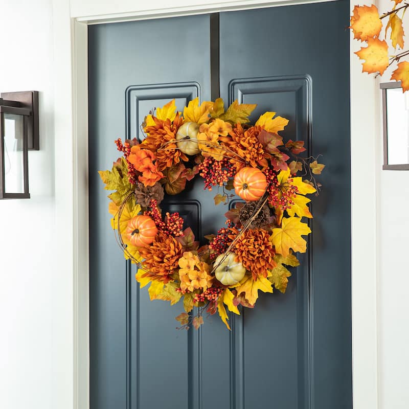 Glitzhome Fall Maple Leaf Sunflower Garland & Dahlia Pumpkin Wreath