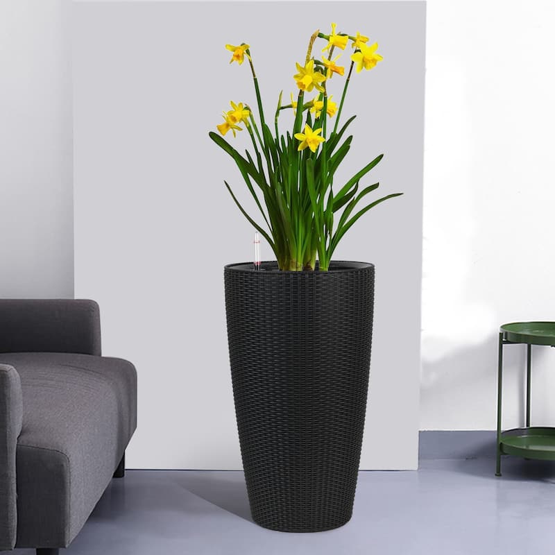 Faux Rattan Tall Planters Set of 2, Large Planters with Water Level Monitor Inner Bucket