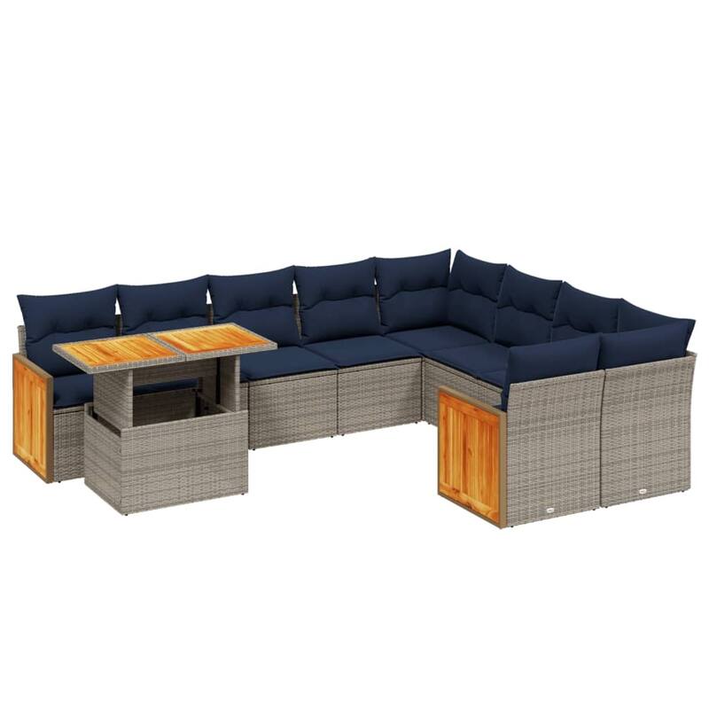 vidaXL 10 Piece Patio Sofa Set with Cushions Black/Gray Poly Rattan - 21.7 x 24.4 x 27.2