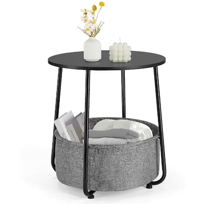 Small Round Side End Table, Nightstand Bedside Table with Fabric Basket,Side Table with Steel Frame - Black & grey