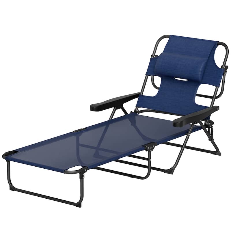 Adjustable Outdoor Lounge Chair Foldable Poolside Patio with Mesh Fabric and Metal Frame - 28.3" W x 76.4" D x 12.2" H - Black, Navy Blue