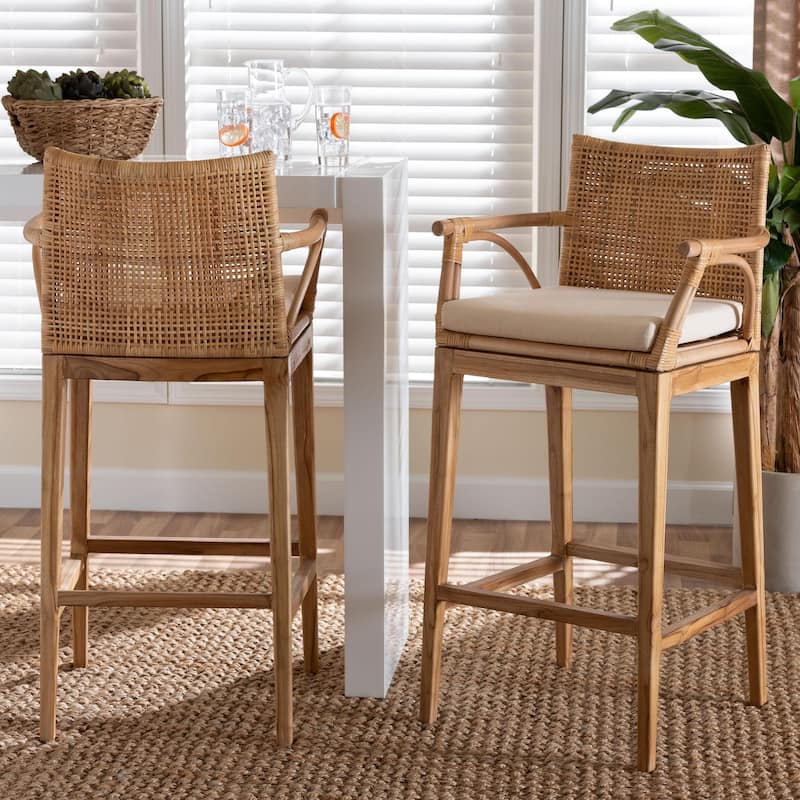 Storsel Bohemian Natural Rattan and Teak Wood 2-Piece Bar Stool Set