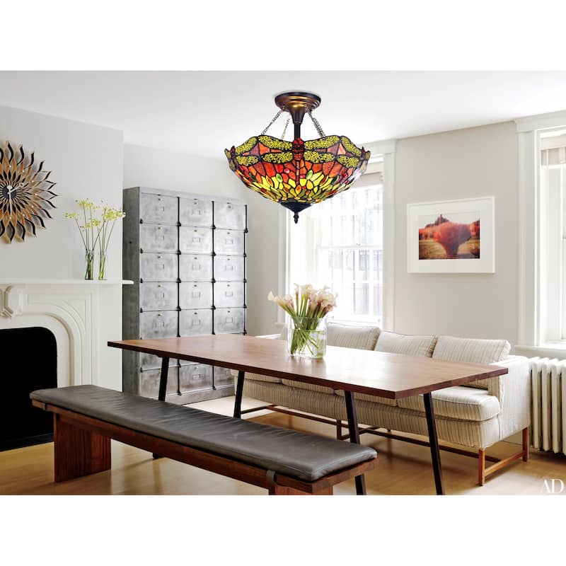 Tiffany Style Dragonfly Design 2-light Dark Bronze Semi-Flush Fixture