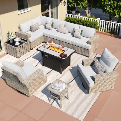 HOOOWOOO 10-piece Wicker Rattan Patio Sectional Set with Fire Pit Table