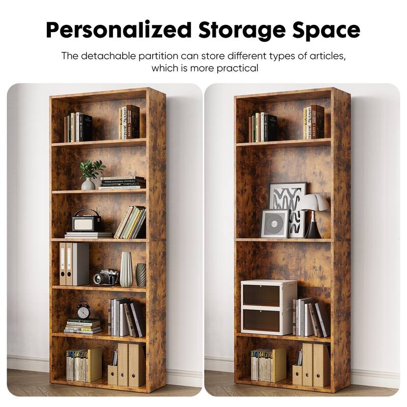Industrial 6 Shelf Bookcase-Large 53 Inch Tall Floor Standing Open Bookshelf for Home Office, Living Room, and Bedroom Storage