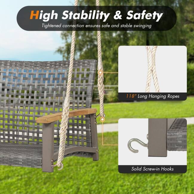 2-Person Patio Wicker Hanging Swing Chair - 55" x 27" x 21.5" (L x W x H)