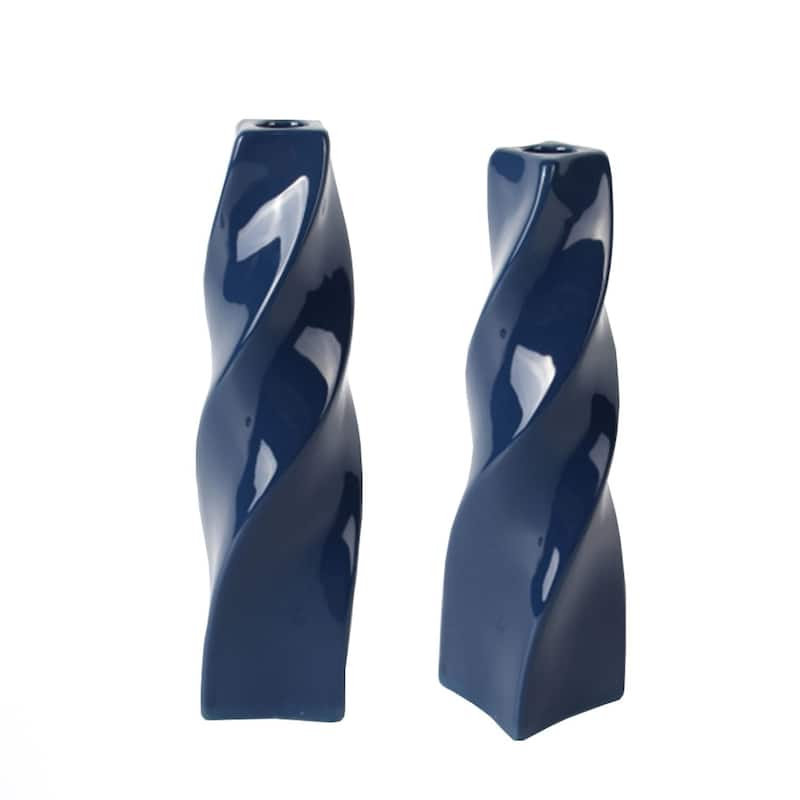 Set of Two Tall Curvy Santa Fe Style Candlesticks in Marine Blue
