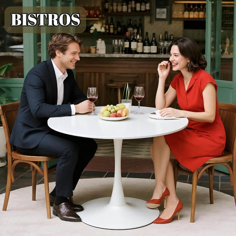 White Round Dining Table, Equipped with an elegant tulip-shaped metal base and a 31.5-inch medium-density fiberboard tabletop