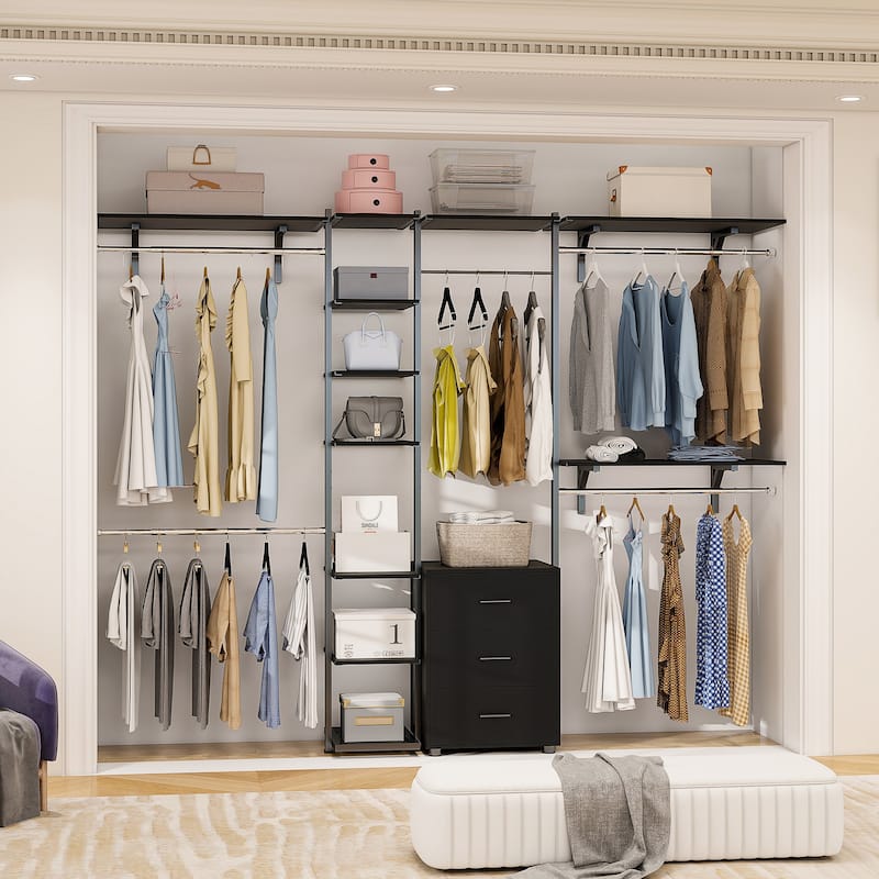96'' Wide Heavy-duty Closet Organizer, Walk-in Closet System with Drawers and Tower Kit