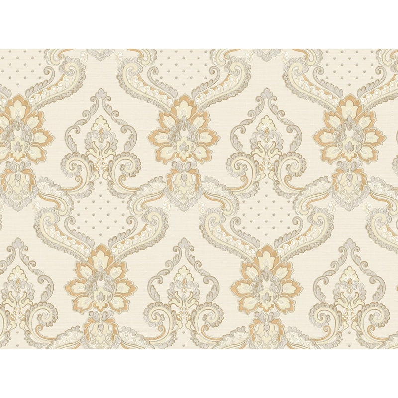 Galerie Wallcoverings Opulence Collection Italian Damask Vinyl on Non-woven Glitter/Shimmer Wallpaper Roll Double Width - 33-feet long  x 42-inches wide - Cream/Gold/Ivory