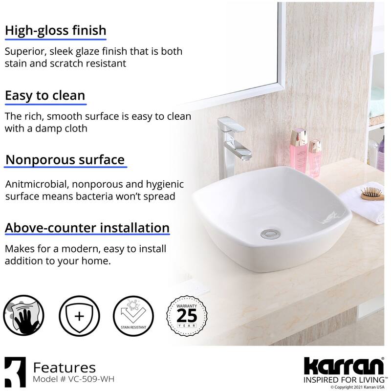 Karran USA VC-509 Valera 16-1/2" Square Vitreous China Vessel Bathroom
