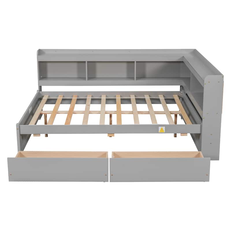 Bed with L-shaped Bookcases, Drawers