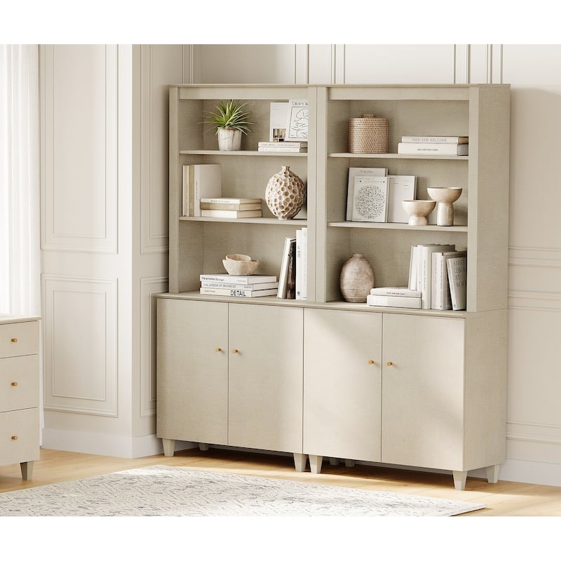 WAMPAT Home Office Furniture Set, 58" Executive Desk with Cabinet, 2-Column 71" Tall Bookcase with Doors and Adjustable Shelves - Beige Linen Printed