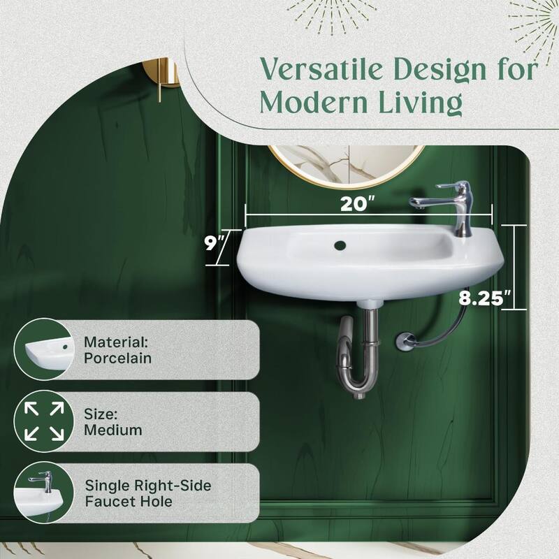 White Ceramic Wall Mount Sink Edgewood 20" Rectangular Vessel Sink with Overflow And Single Faucet Holes Renovators Supply