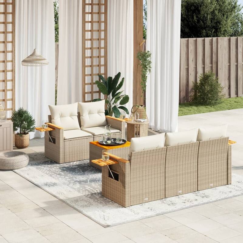 vidaXL Patio Sofa Set with Cushions Outdoor Furniture 6 Piece Poly Rattan - Beige and cream - 24.4 x 33.5 x 27.2 in