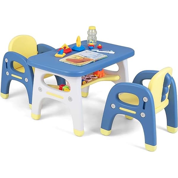 slide 2 of 6, Kids Table & Chairs Set Activity Desk w/ Storage Shelf Building Blocks Blue+Yellow