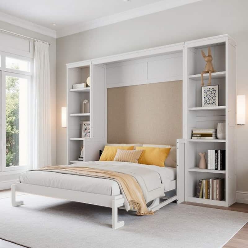 Queen Wall Bed with Built-In Desk, Side Storage Shelves & Foldable Space-Saving Design, No Box Spring Required