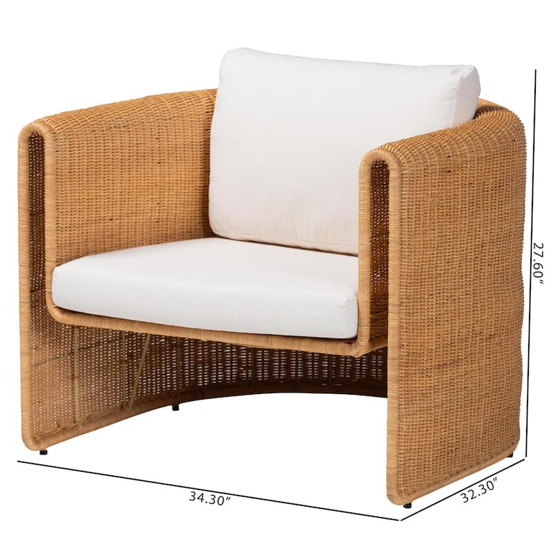 Carina Natural Rattan Armchair with Cushion - Handwoven Lounge Chair with U-Shaped Silhouette and Deep Seating