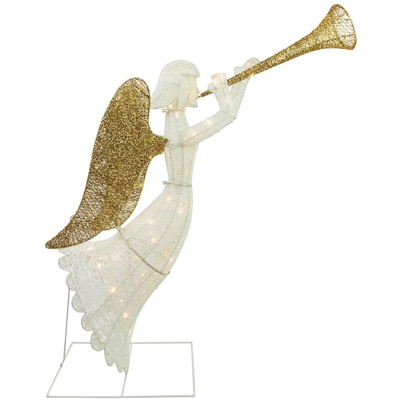 48" Lighted Glittered Silver and Gold Trumpeting Angel Christmas Outdoor Decoration