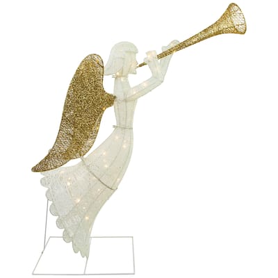 48" Lighted Glittered Silver and Gold Trumpeting Angel Christmas Outdoor Decoration