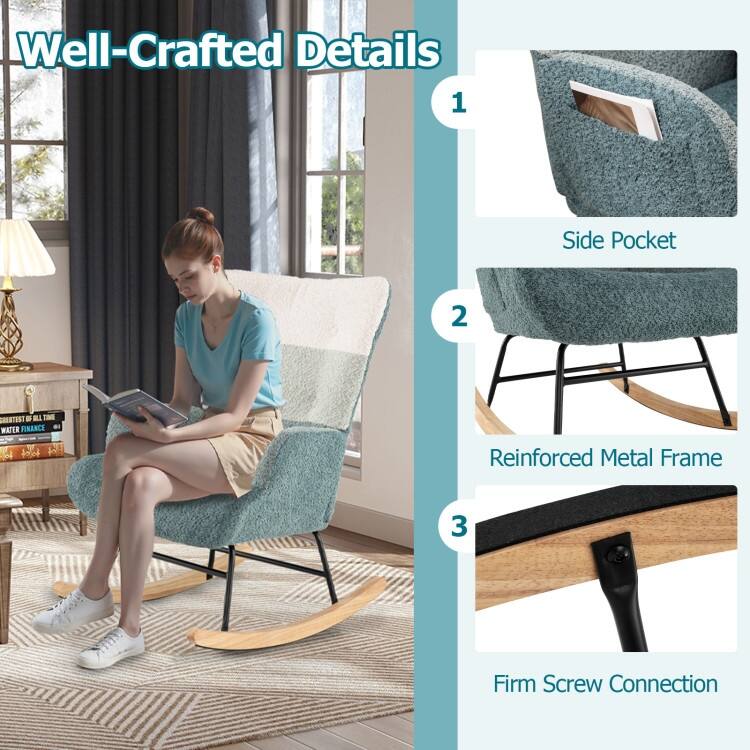 Multi-Color Boucle Sponge Rubber Wood Rocking Chair with Side Pocket - 33" x 27" x 35"