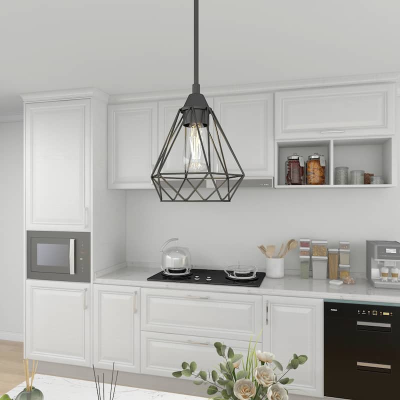 1-light pendant with black finish and steel cage shade