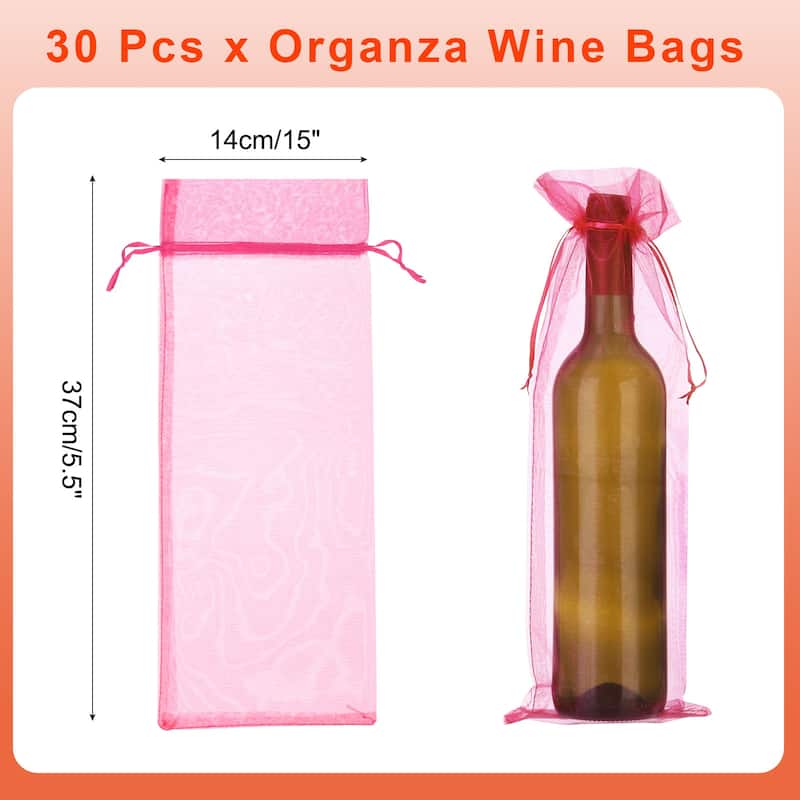30pcs Organza Wine Bags, 15x5.5" Wine Gift Pouches with Drawstrings - Rose Red