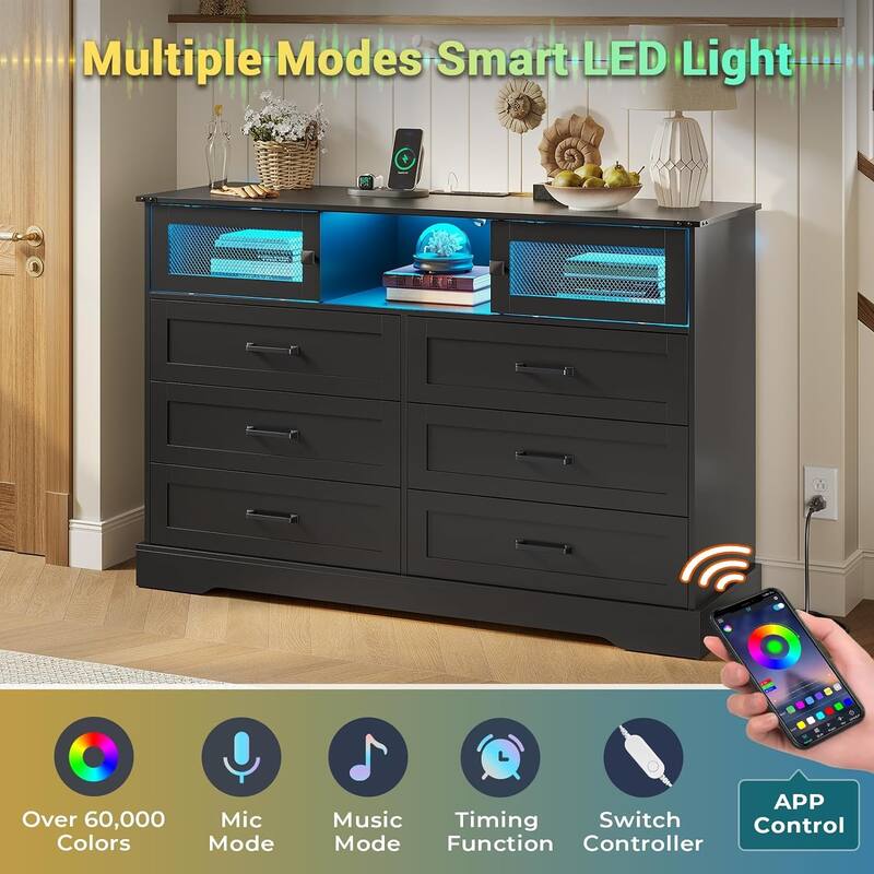 6 Drawers Dresser LED Charging Station Farmhouse Chest of Drawers