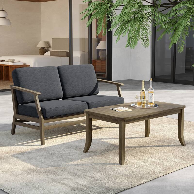 Outdoor Loveseat Sofa with Coffee Table Teak Wood Patio Furniture - NaturalFrame-Dark Grey