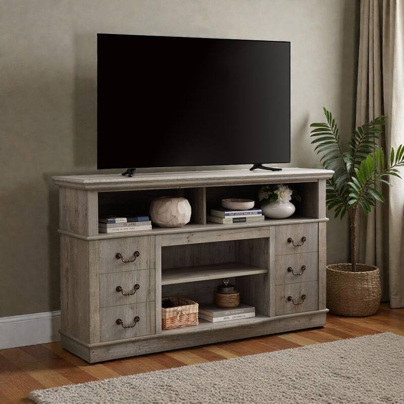 60" Farmhouse Rustic TV Stand for 65" TV, Traditional Entertainment Console with Cabinets, Shelves & Cable Management