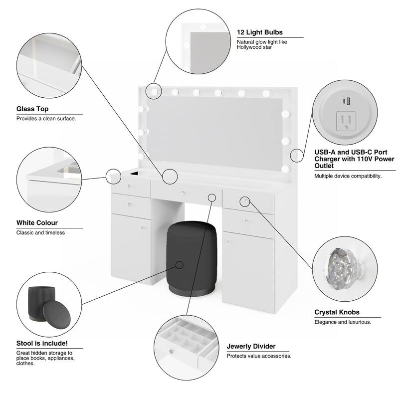 Boahaus Smart Extra-Large Vanity with LED Mirror & Bluetooth Speakers