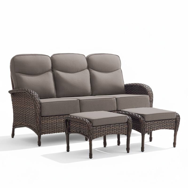 Luna 3-Seat Wicker Patio Sofa with 6-Inch Thick Cushions and 2 Ottomans