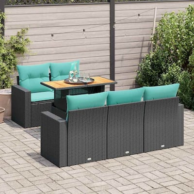 vidaXL 6 Piece Patio Sofa Set with Cushions Black Poly Rattan - 21.7" x 24.4" x 27.2"