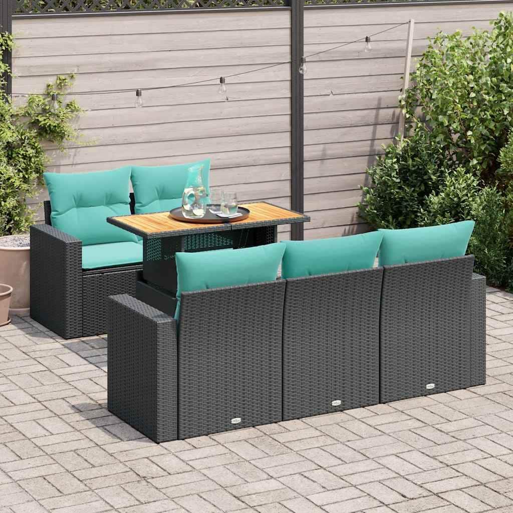 vidaXL 6 Piece Patio Sofa Set with Cushions Black Poly Rattan - 21.7" x 24.4" x 27.2"