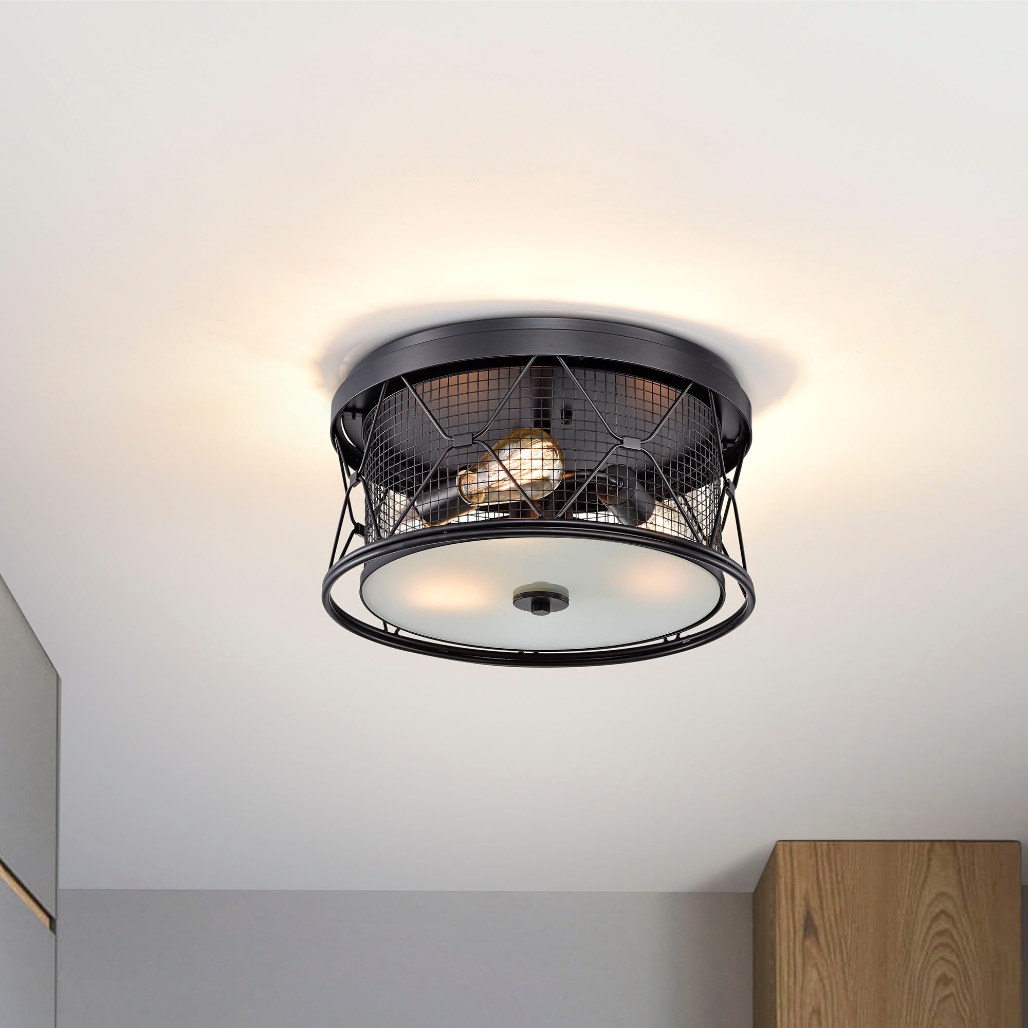 Warehouse of Tiffany Sheela Matte Black Geometric Pattern Cage 3-Light Metal Flush Mount