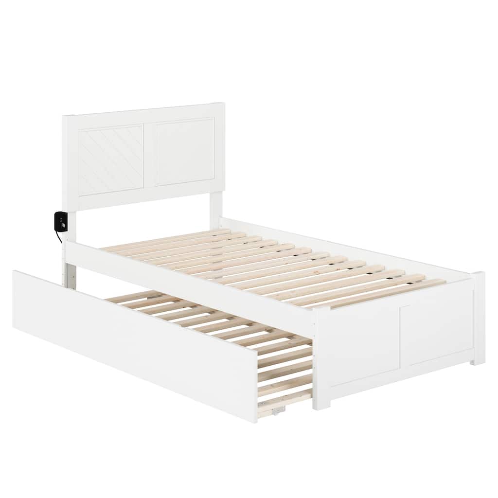 Mediterranean Twin XL Platform Bed with Trundle & USB - White Wood Bed Frame - 600lb Capacity
