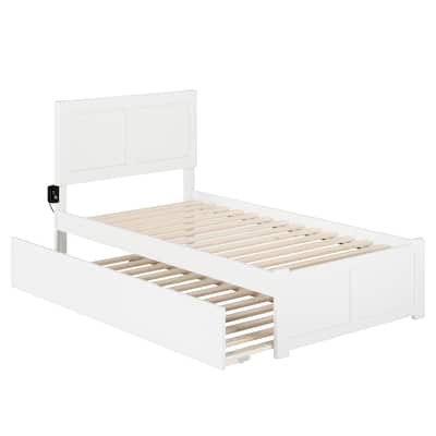Twin Platform Bed with Trundle & USB - White Wood Bed Frame - Rustic Style