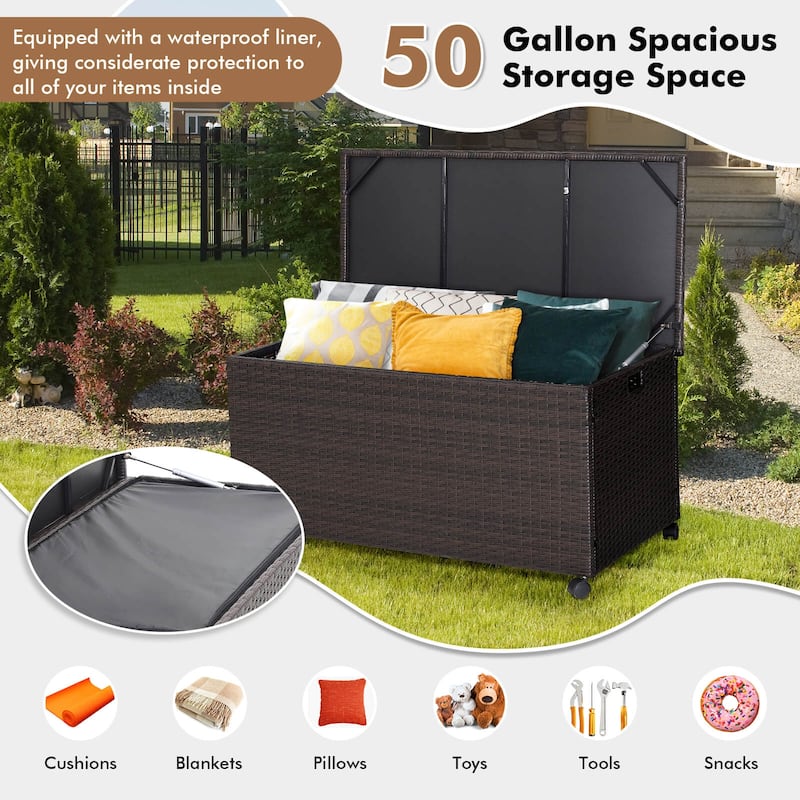 Large Mix Brown Deck Storage Box with Steel Frame and Wheels and Protective Liner