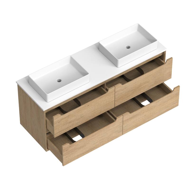 60" Solid Wood Bathroom Vanity with White Quartz Countertop Ceramic Vessel Sink