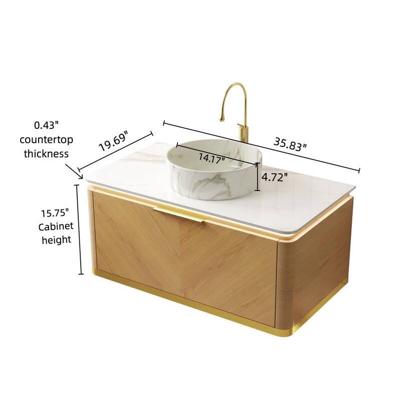 36" Bathroom Vanity with Vessel Sink One Drawer Floating Storage Cabinet with Sensor Light, Pre-assembled