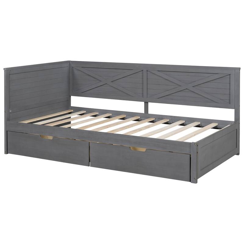 Twin Size Wood Daybed with 2 Drawers and Rustic Guardrail
