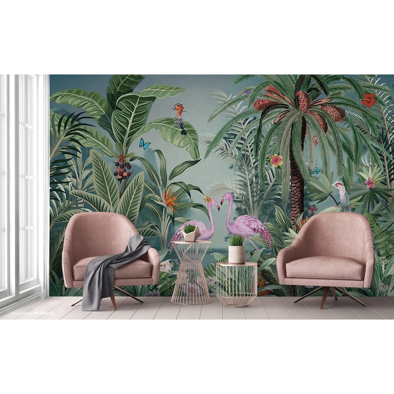 Vibrant Tropical Paradise Wallpaper Mural Flamingos Wildlife