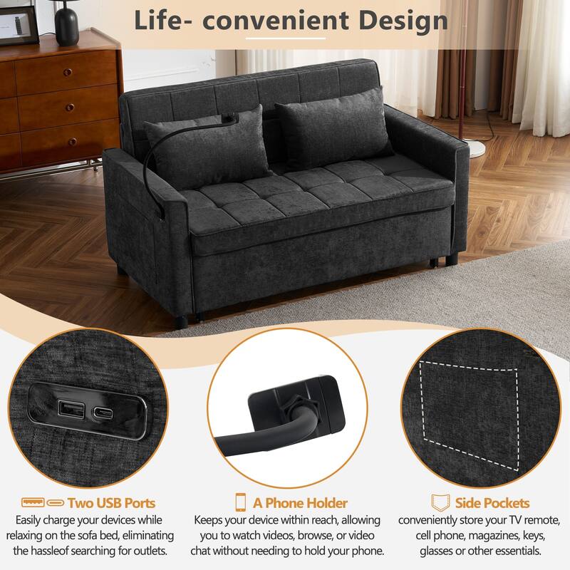 Pull-Out Sofa Bed Sleeper Sofa with A Reversible Backrest Cushion, Side Pockets, Two USB Ports and a Phone Holder