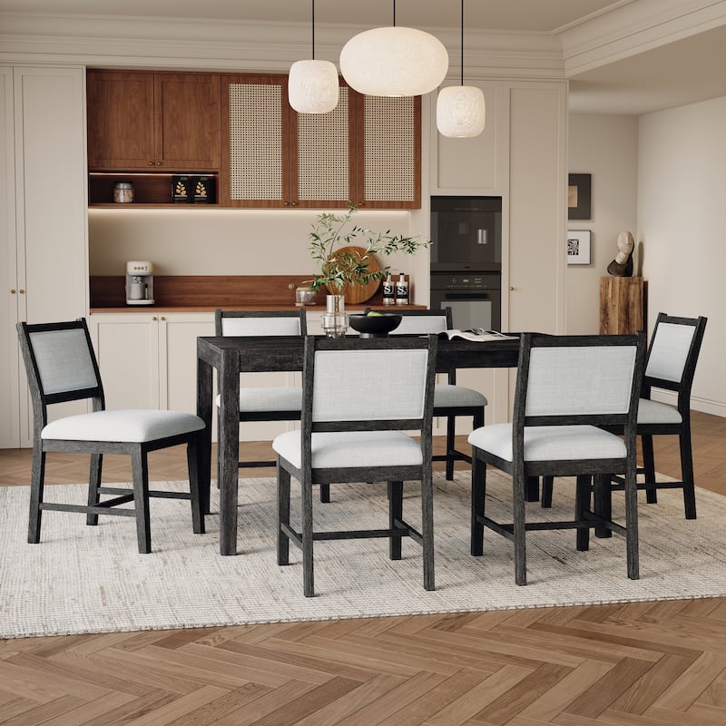 7-Piece Retro Dining Set for Six - Rectangular Wood Table & Upholstered Chairs‌ - Espresso