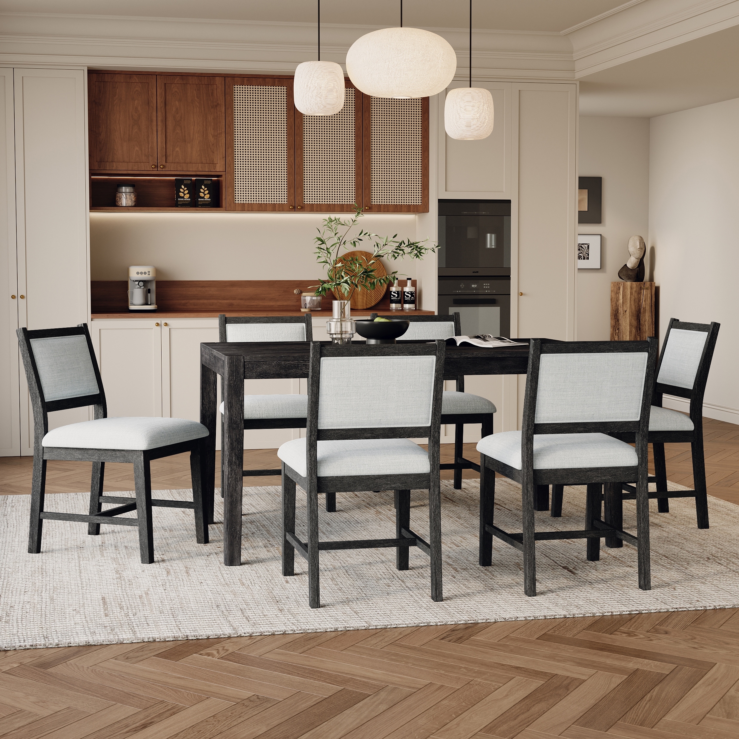 Seven Piece Retro Dining Set Rectangular Wood Table Upholstered Chairs
