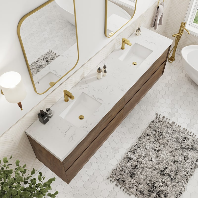 Sylphar 84 inch Bathroom Vanity with Sink, Floating Oak Cabinet with Stone Top