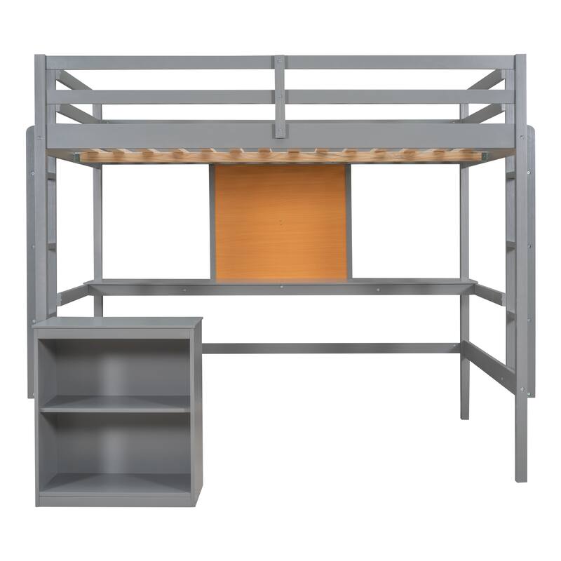 Twin/Full Size Wooden Loft Bed with Built-in Desk, Writing Board, and 2 Drawers, Space-Saving Loft Bed for Kids