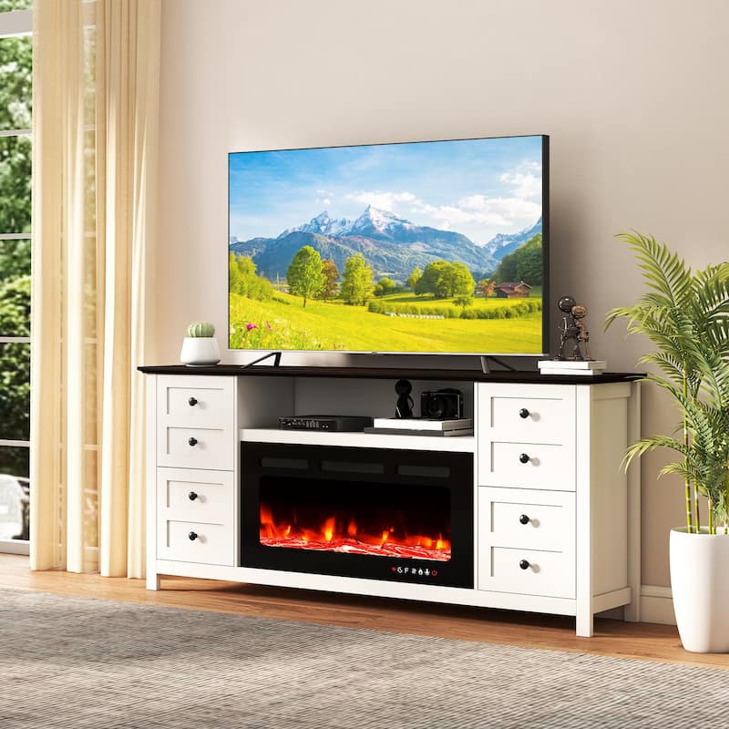70" Modern Fireplace TV Stand for 80" TVs, Solid Wood Media Console with 36" Electric Fireplace & Storage Drawers